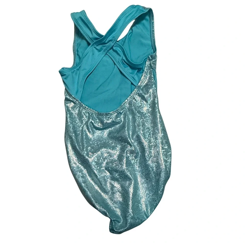 More Than Magic Girls Teal Shimmer Foil Gymnastics Leotard Crisscross Back M 7/8